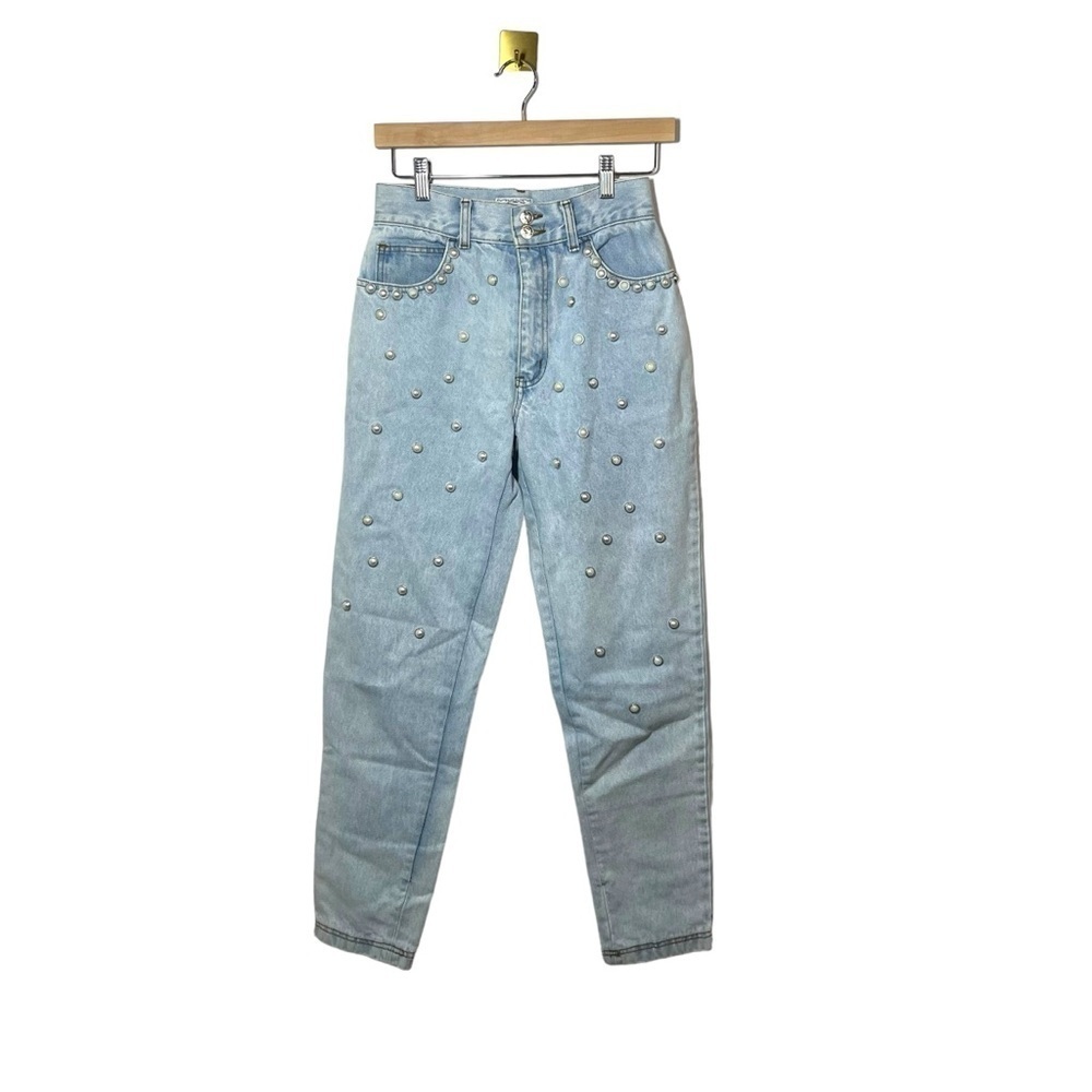 Vintage IOU Womens 29 Beaded Pearl Baggy Straight Leg Jeans Light Wash Denim